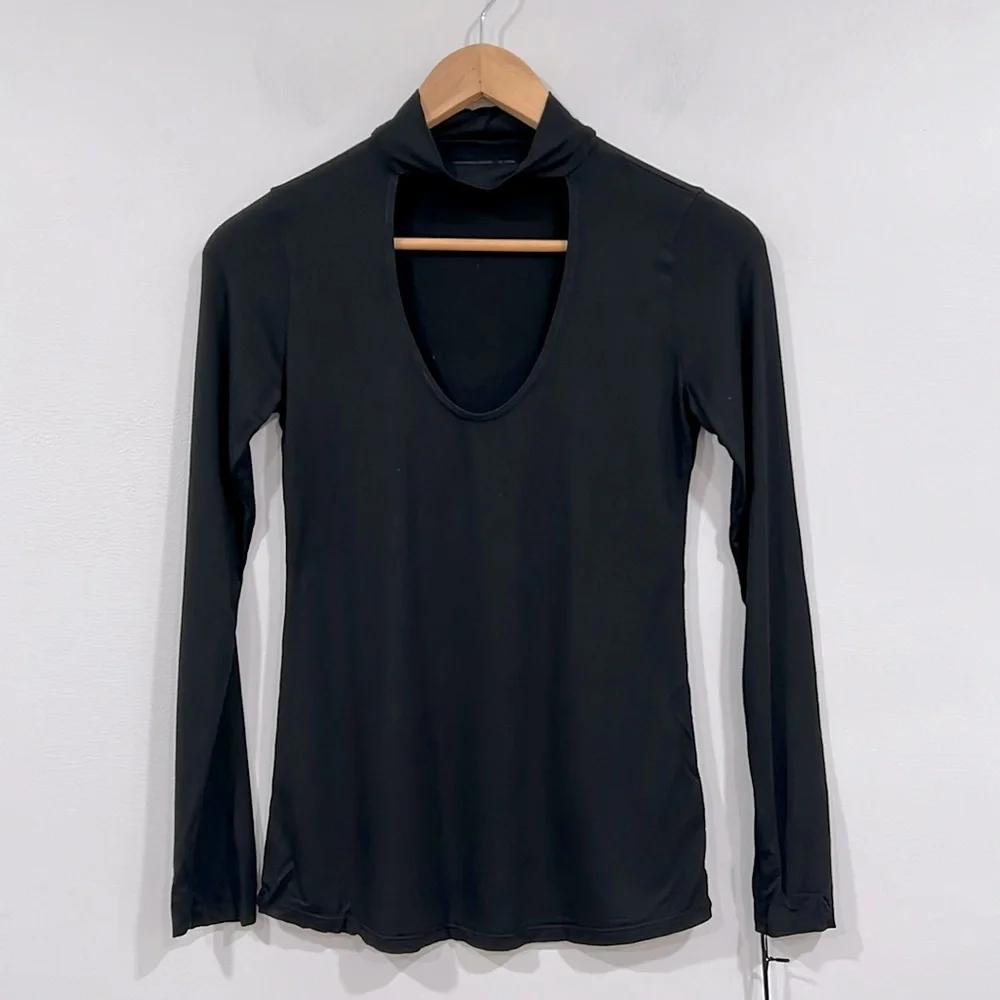 Michael Lauren Hutch Black V-Neck Mock Neck Fitted Long Sleeve Top XS NWT
